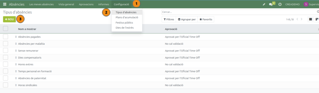 Accedir a tipus d'absències