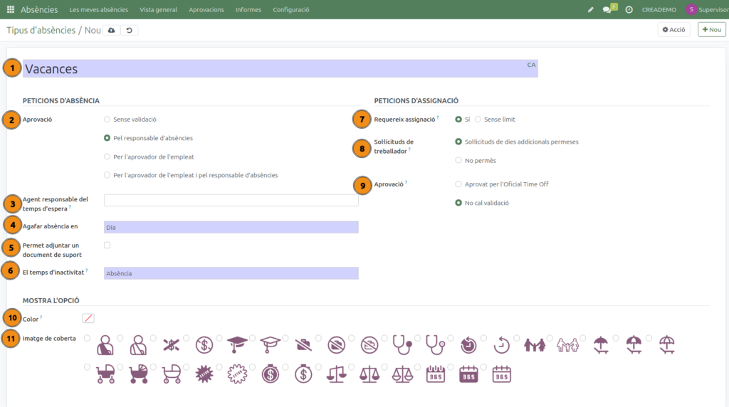 Formulari de configuració d'un tipus d'absència.