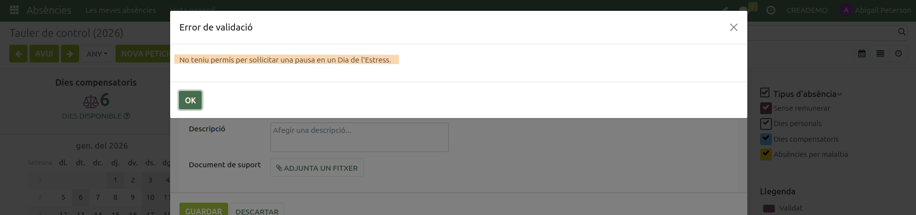 Absències. Error petició dia assenyalat