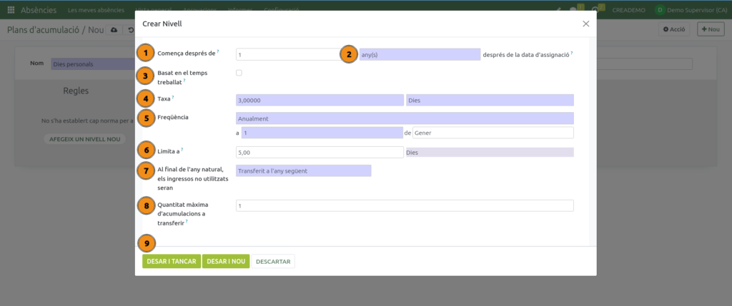 Absències. Crear un nivell a la configuració d'una regla d'un pla d'acumulació