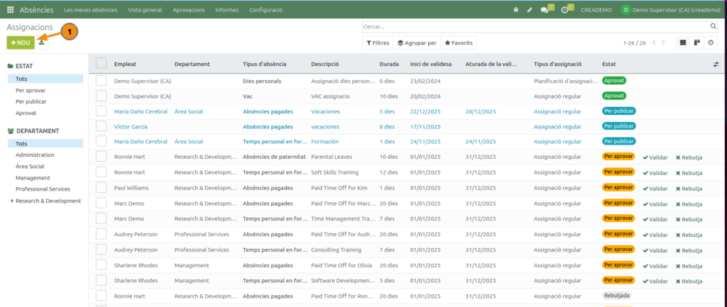Absències. Crear una nova assignació