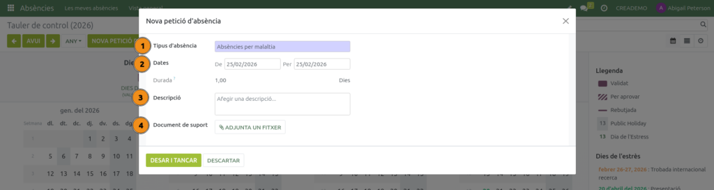 Absències. Sol·licitar una absència.
