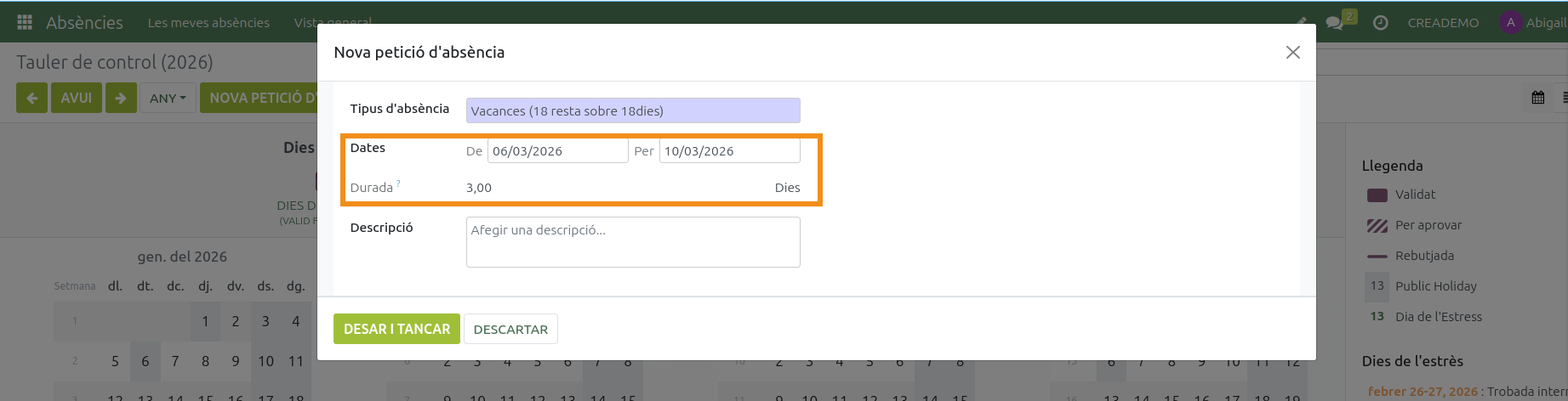 Absències. Sol·licitar una absència. Configuració de dates 1