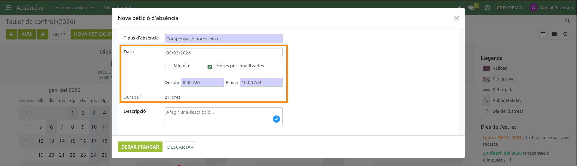 Absències. Sol·licitar una absència. Configuració de dates 2