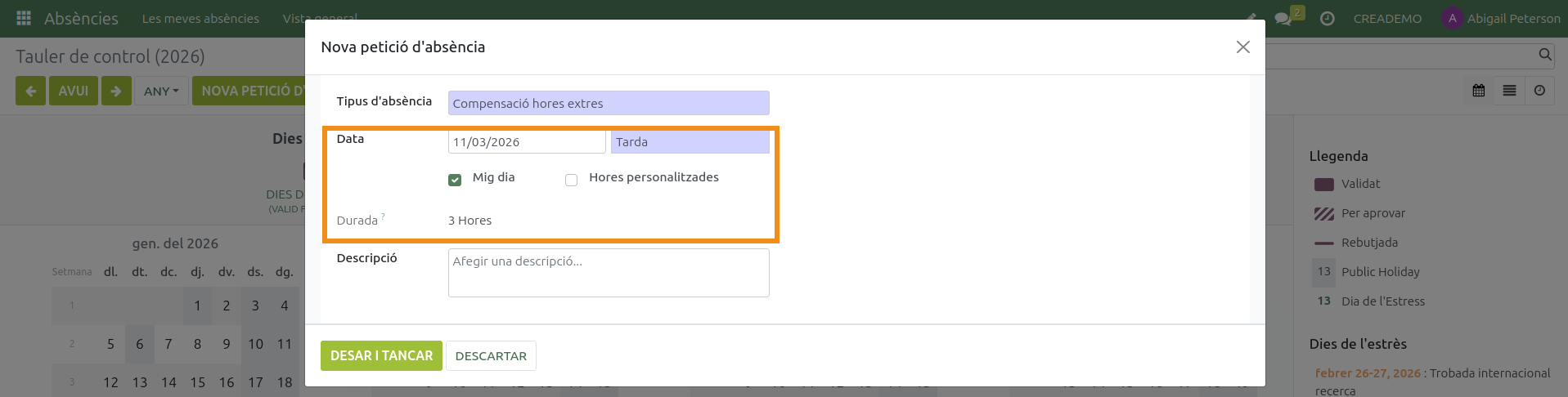 Absències. Sol·licitar una absència. Configuració de dates 2