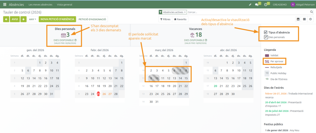 Absències. Sol·licitar una absència. Visualització de la sol·licitud.