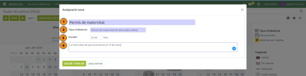 Absències. Sol·licitar una assignació. Formulari.