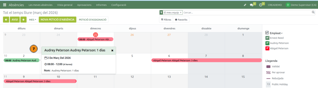 Absències. Detalls d'una absència a la vista general d'absències