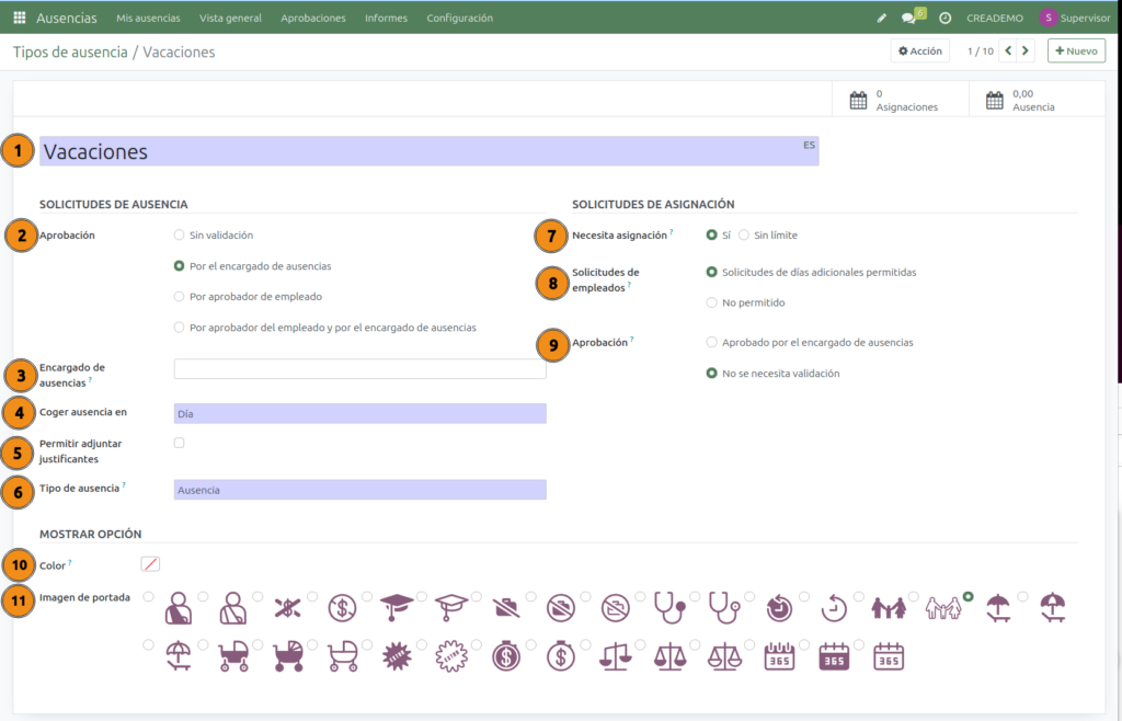 Formulario de configuración de un tipo de ausencia.