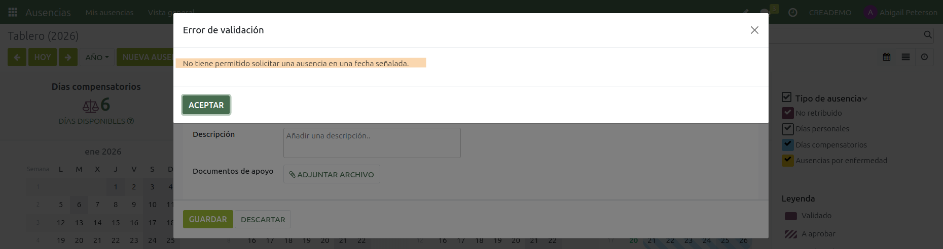 Ausencias. Error petición día señalado