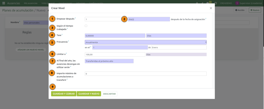 Ausencias. Crear un nivel en la configuración de una regla de un plan de acumulación 