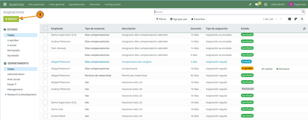 Ausencias. Crear una nueva asignación 