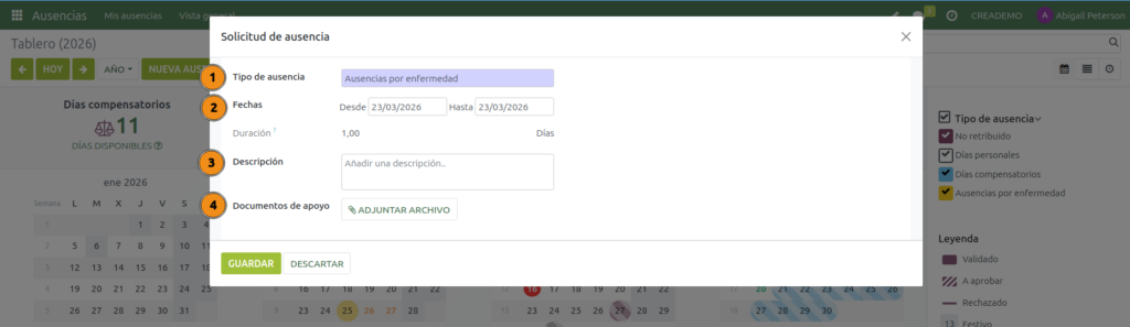 Ausencias. Solicitar una ausencia. 
