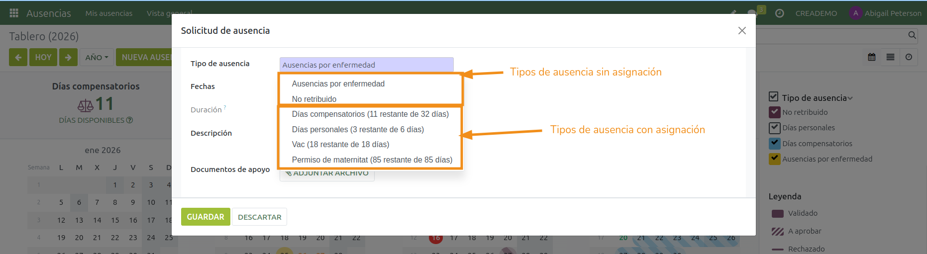 Ausencias. Solicitar una ausencia. Elegir tipos de ausencia