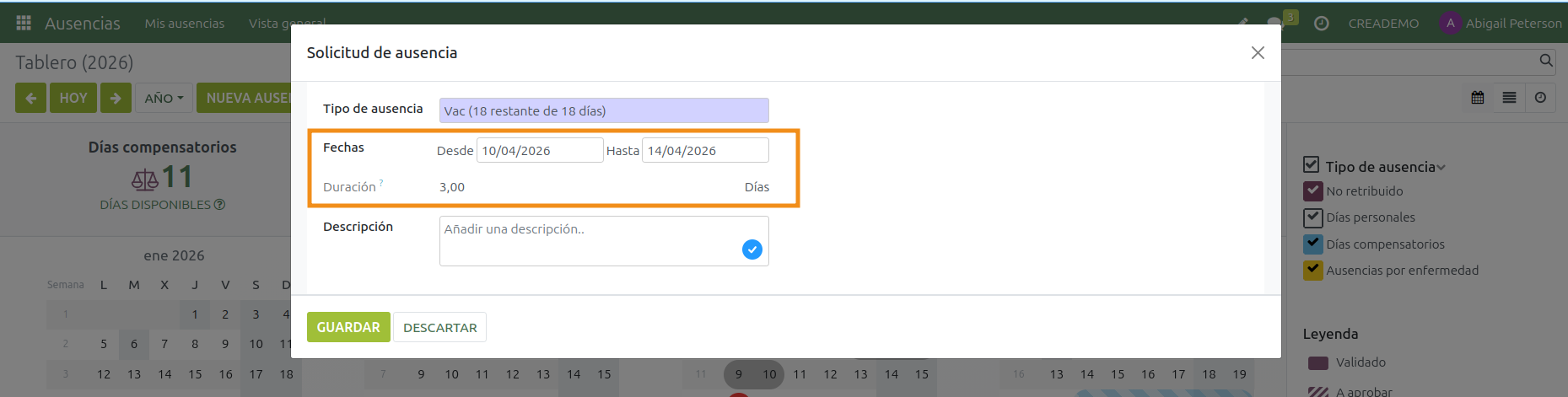 Ausencias. Solicitar una ausencia. Configuración de fechas 1