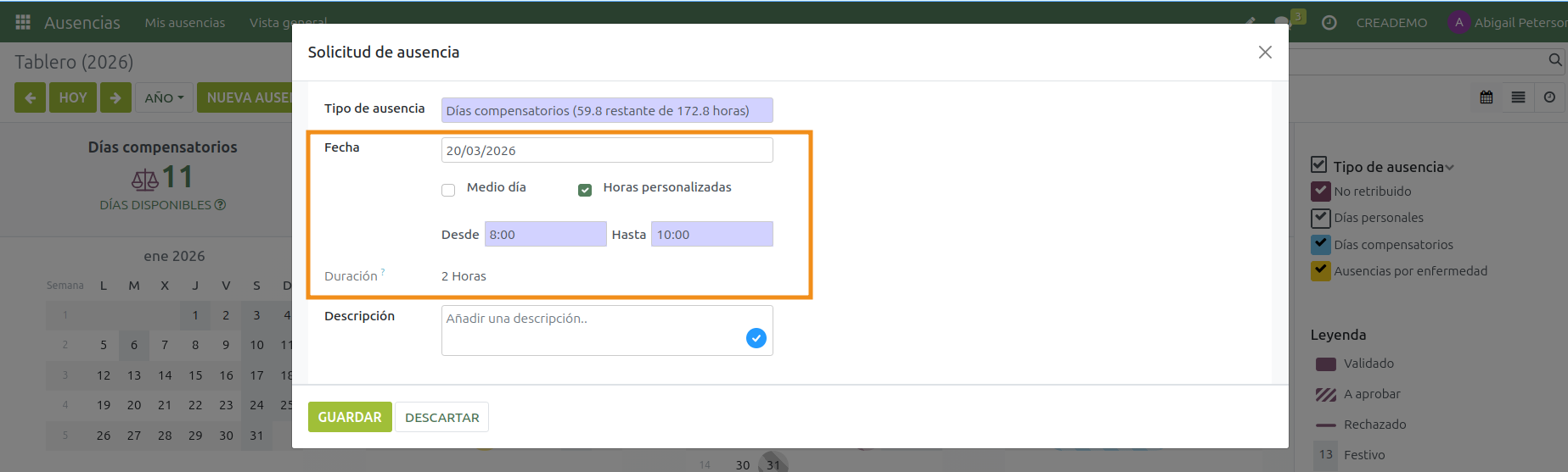 Ausencias. Solicitar una ausencia. Configuración de fechas 2