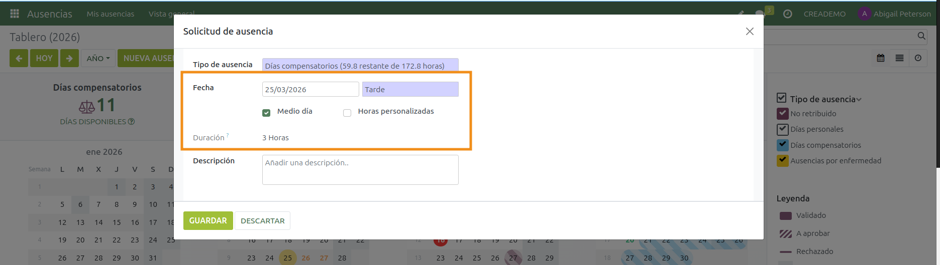 Ausencias. Solicitar una ausencia. Configuración de fechas 2