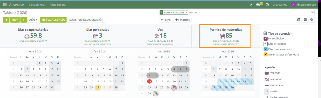 Ausencias. Solicitar una asignación. Vista de la asignación concedida.  